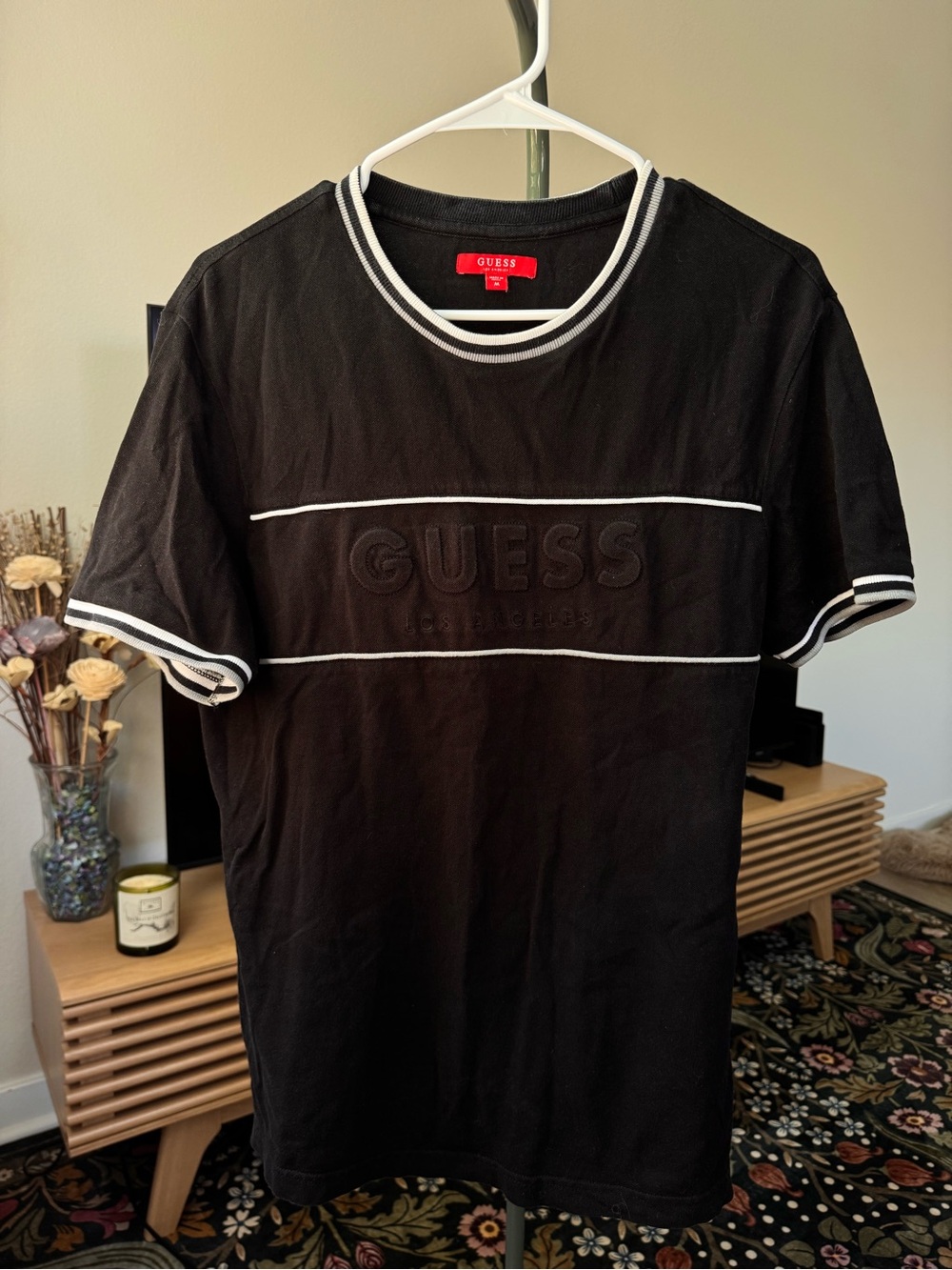 GUESS Black Short-Sleeve Logo Crewneck Tee with White Stripes